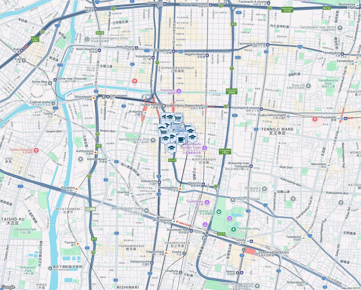 map of restaurants, bars, coffee shops, grocery stores, and more near  in Osaka