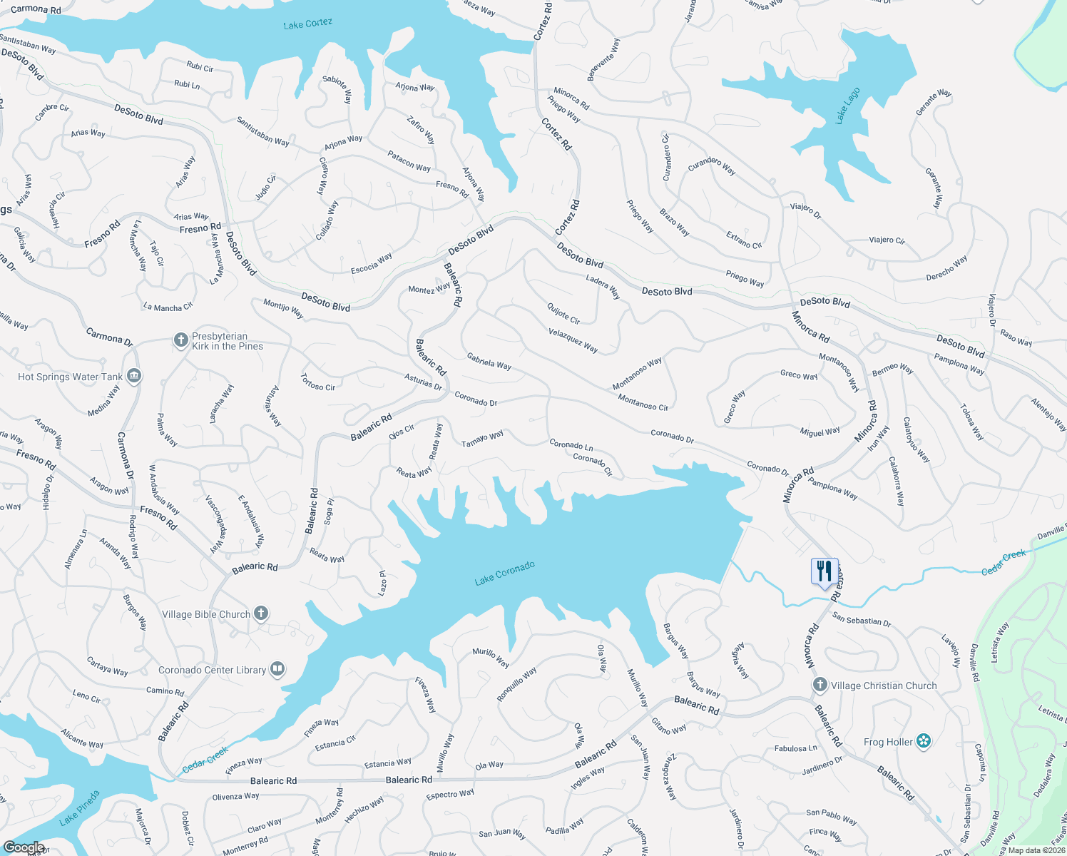 map of restaurants, bars, coffee shops, grocery stores, and more near 6 Hanares Lane in Hot Springs Village