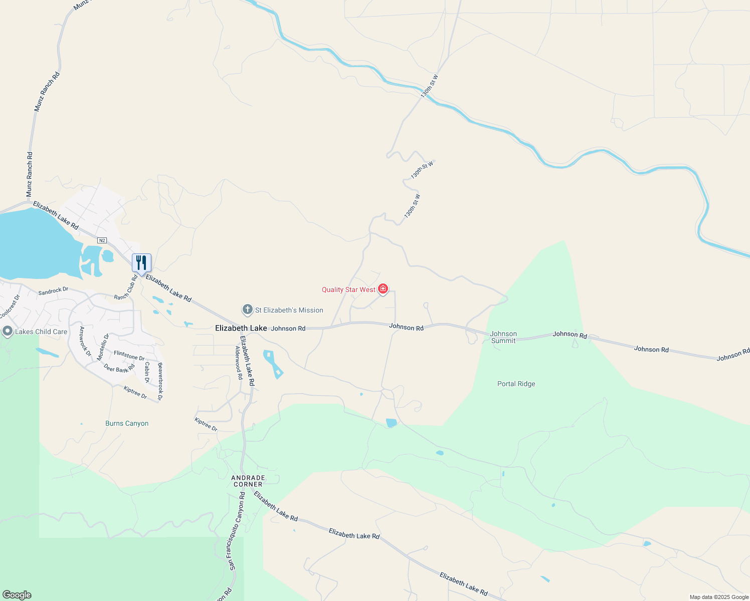 map of restaurants, bars, coffee shops, grocery stores, and more near Littlehorn Drive in Elizabeth Lake