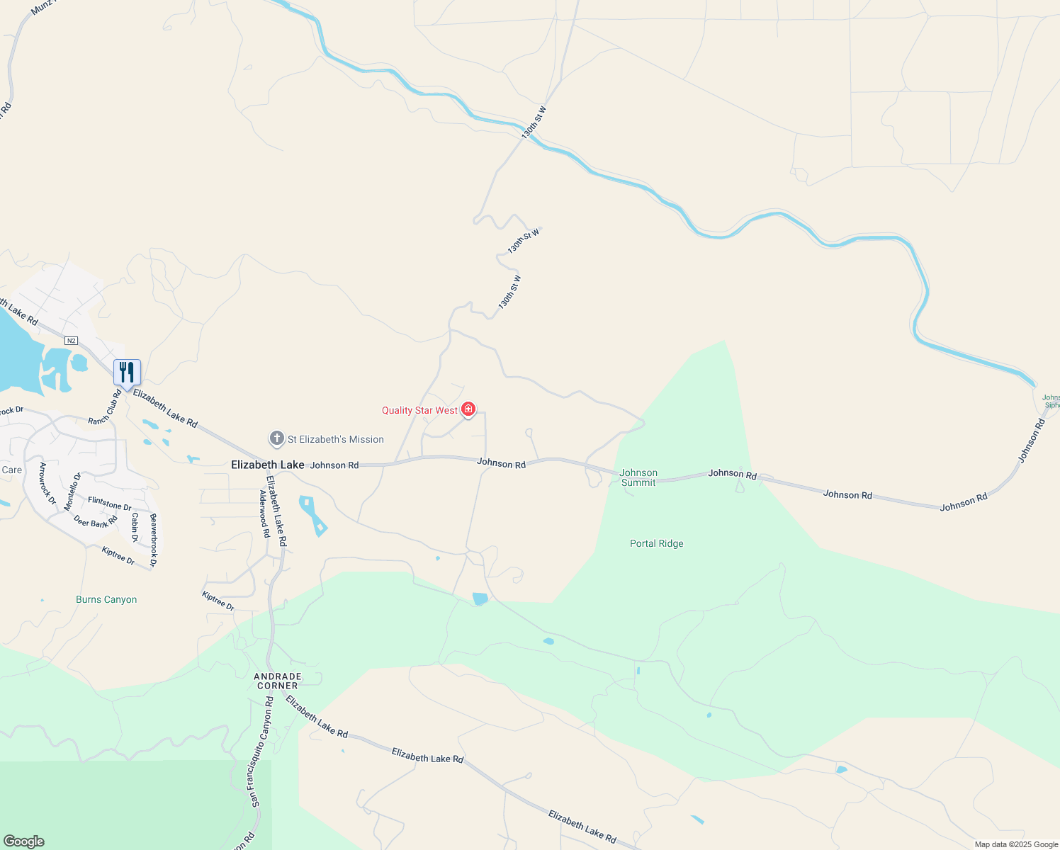 map of restaurants, bars, coffee shops, grocery stores, and more near 13113 Johnson Road in Lake Hughes