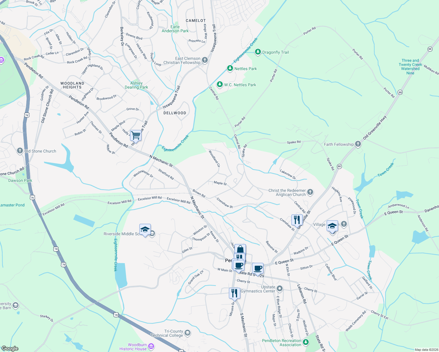 map of restaurants, bars, coffee shops, grocery stores, and more near 111 Poplar Street in Pendleton