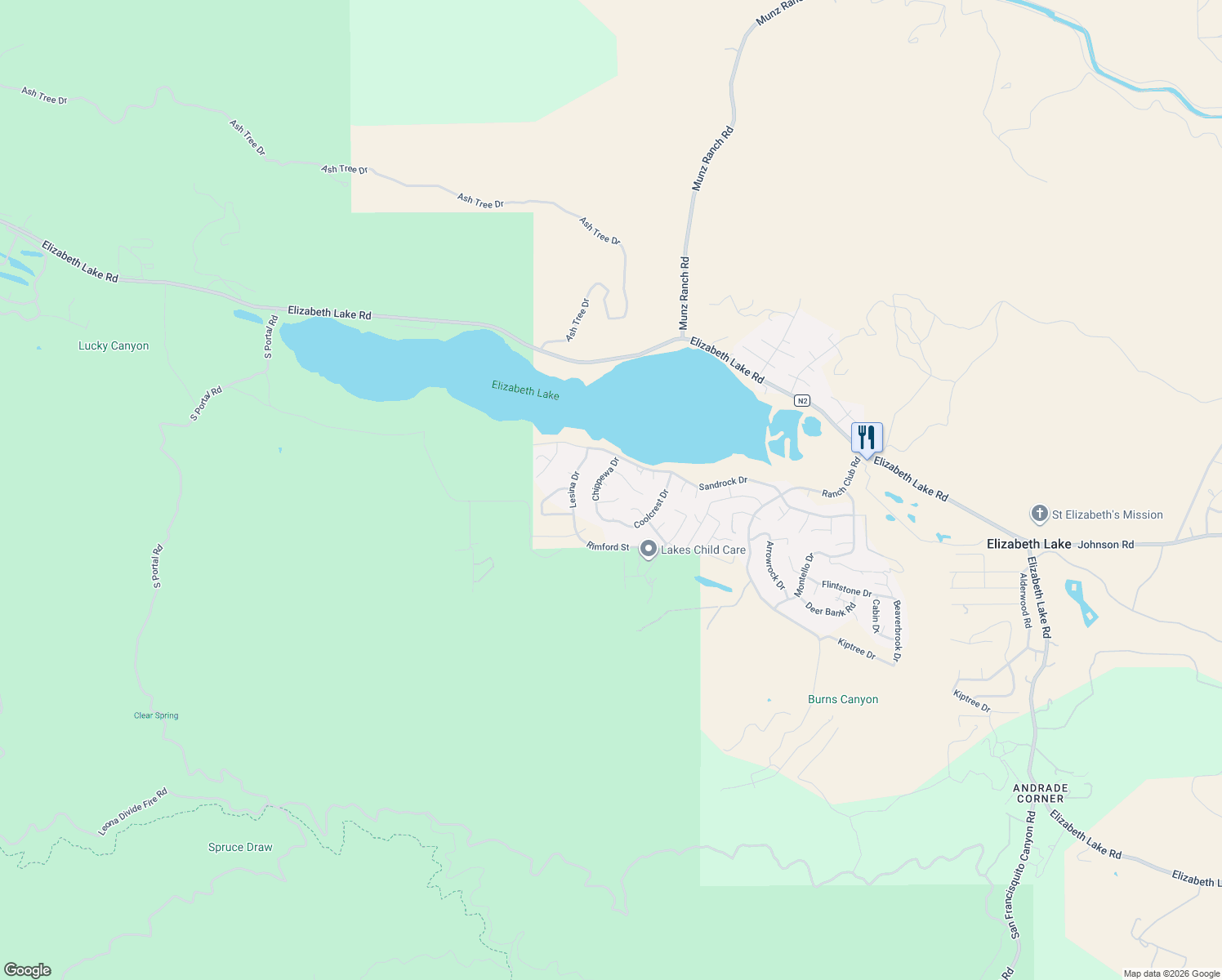 map of restaurants, bars, coffee shops, grocery stores, and more near 15152 Ojibwa Place in Lake Hughes