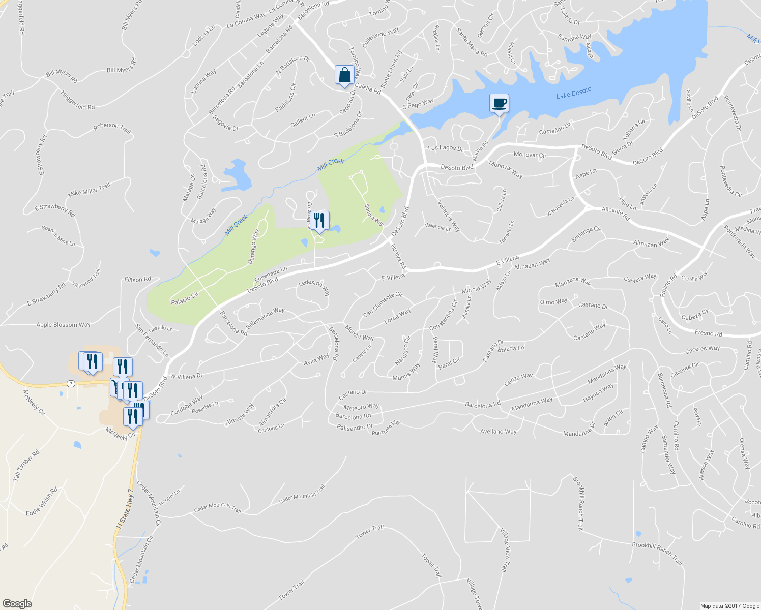 map of restaurants, bars, coffee shops, grocery stores, and more near 23 San Clemente Circle in Hot Springs