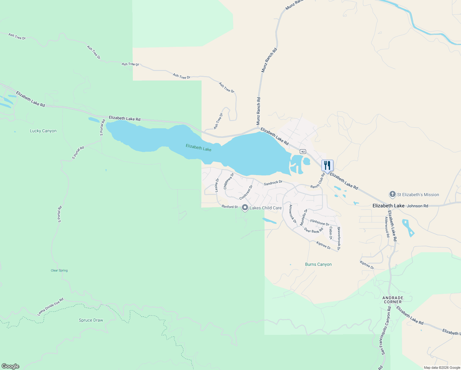 map of restaurants, bars, coffee shops, grocery stores, and more near 15152 Ojibwa Place in Lake Hughes