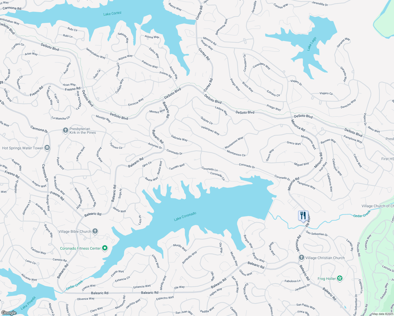 map of restaurants, bars, coffee shops, grocery stores, and more near 6 Hanares Lane in Hot Springs Village