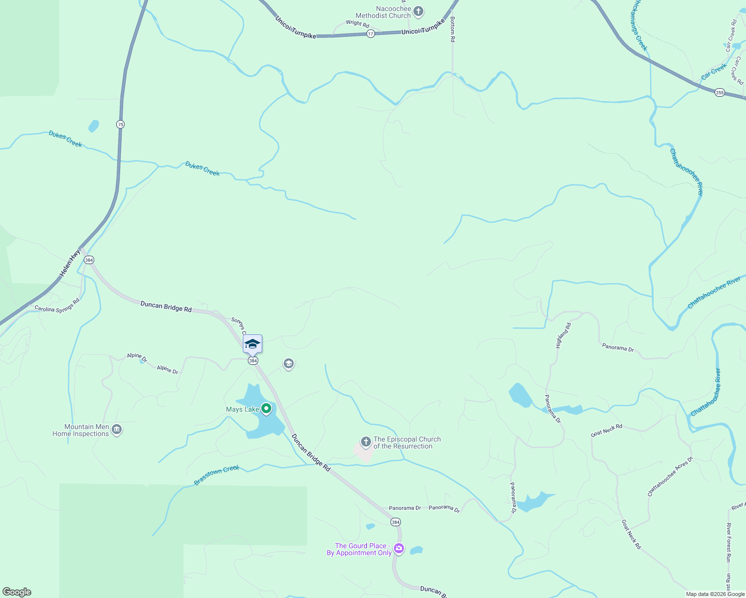 map of restaurants, bars, coffee shops, grocery stores, and more near 784 Starlight Drive in Sautee Nacoochee