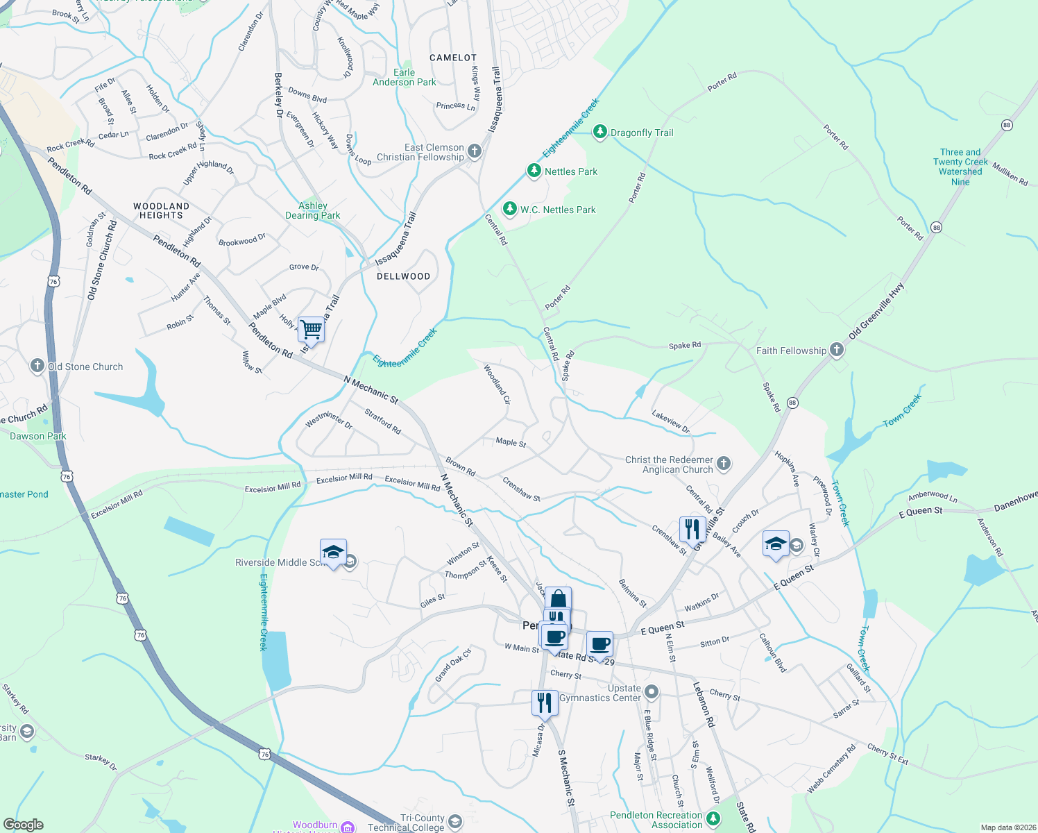 map of restaurants, bars, coffee shops, grocery stores, and more near 104 Poplar Street in Pendleton