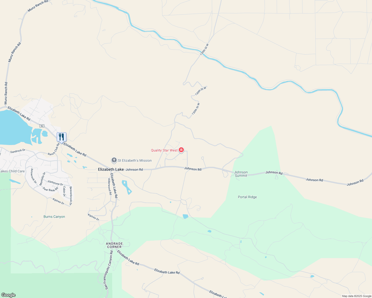 map of restaurants, bars, coffee shops, grocery stores, and more near Littlehorn Drive in Elizabeth Lake