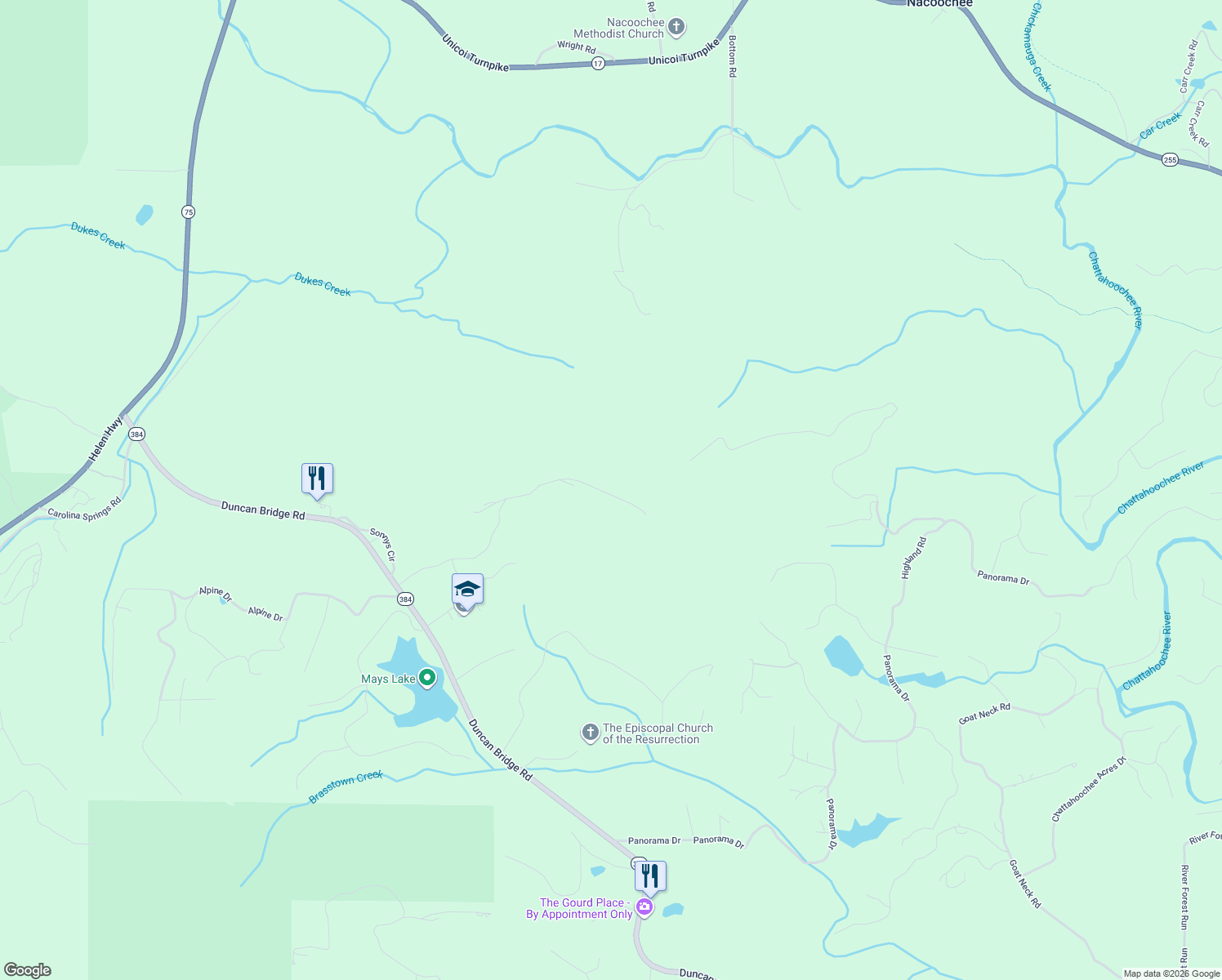 map of restaurants, bars, coffee shops, grocery stores, and more near 826 Starlight Drive in Sautee Nacoochee