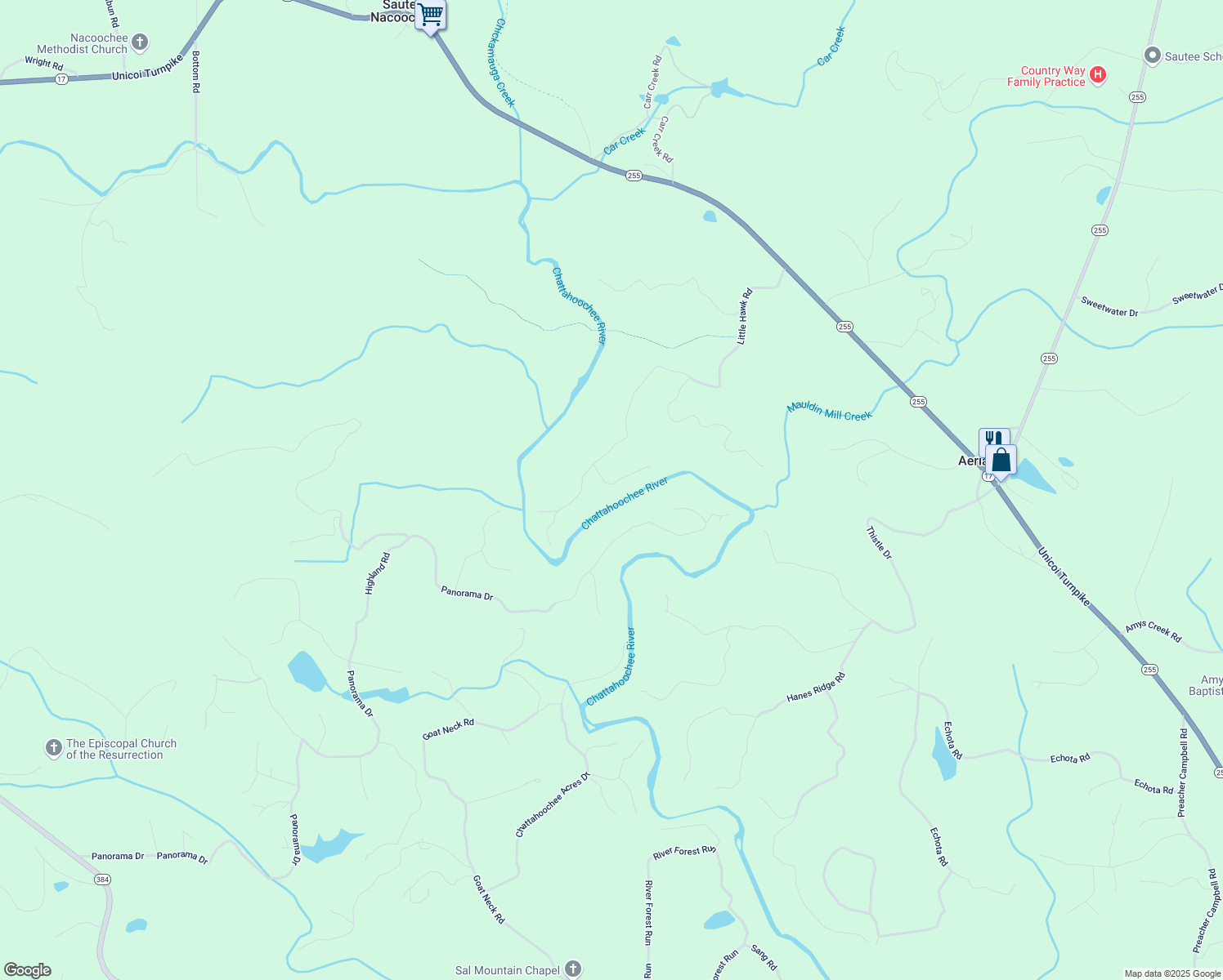 map of restaurants, bars, coffee shops, grocery stores, and more near 92 Rivers Edge Way in Sautee Nacoochee