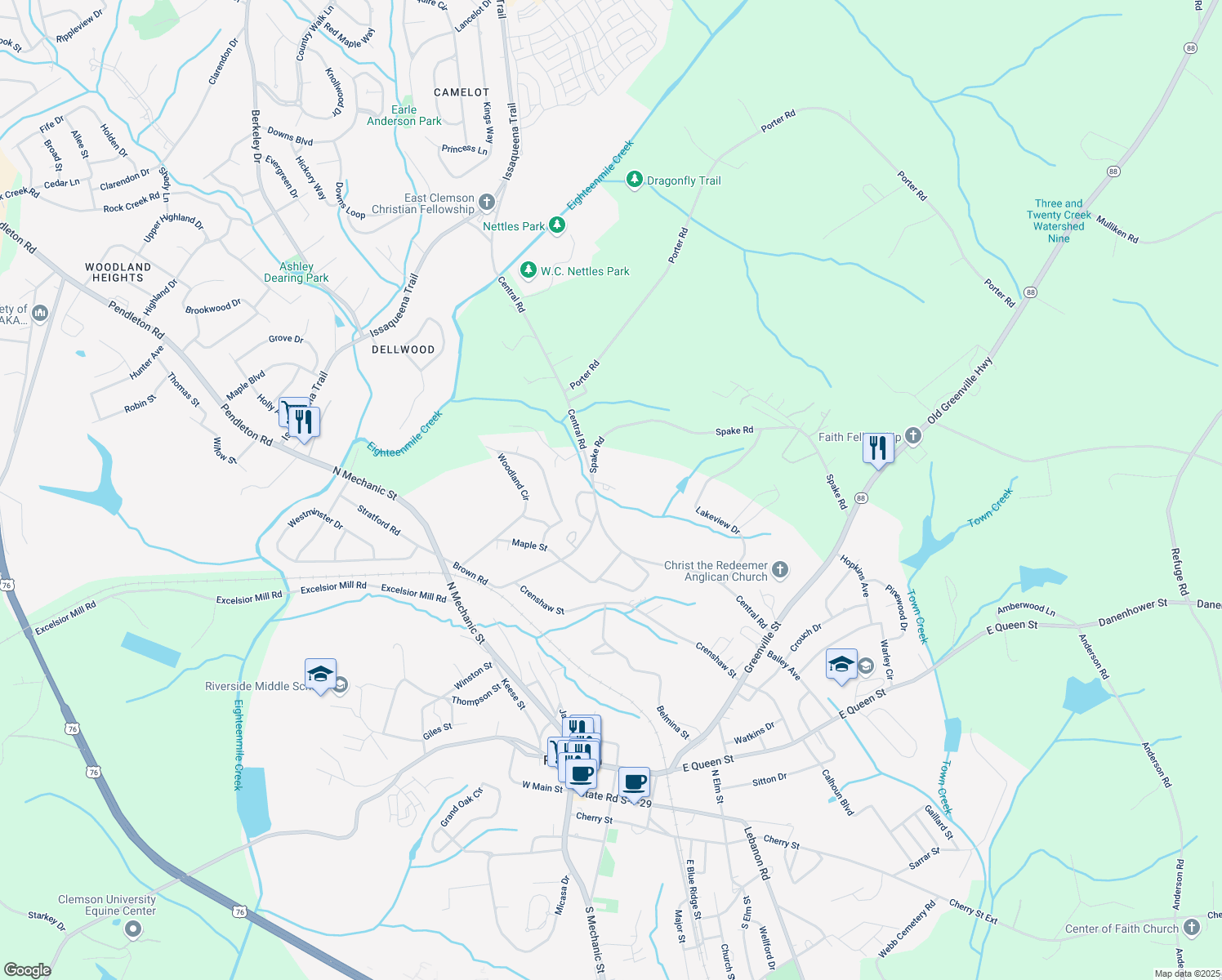map of restaurants, bars, coffee shops, grocery stores, and more near 104 Cedar Lane in Pendleton
