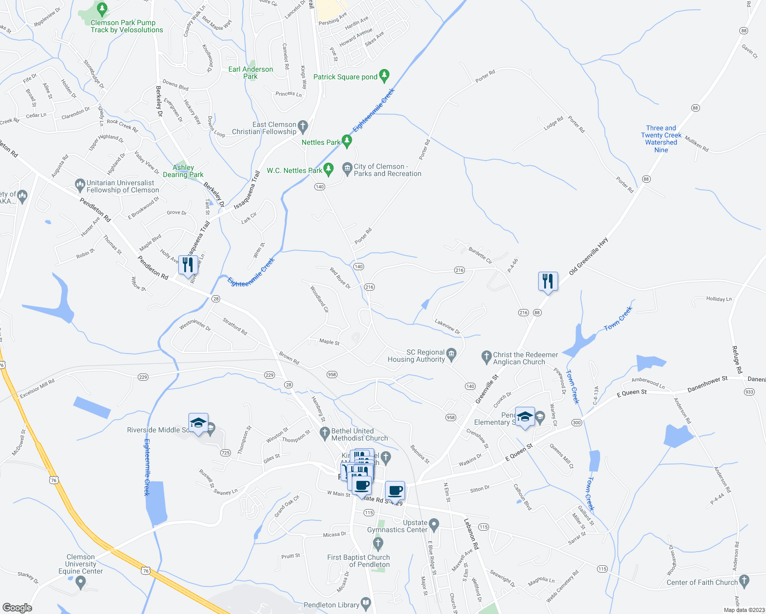 map of restaurants, bars, coffee shops, grocery stores, and more near 101 Cedar Lane in Pendleton