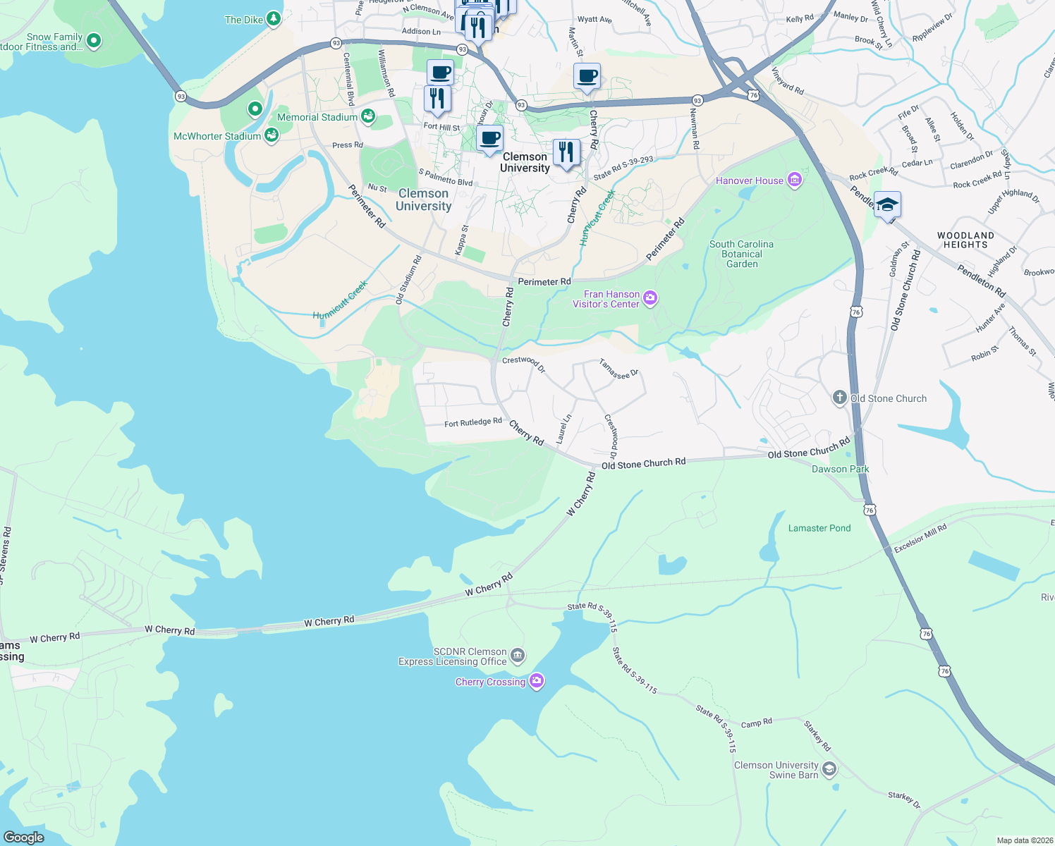 map of restaurants, bars, coffee shops, grocery stores, and more near 609 Cherry Road in Clemson