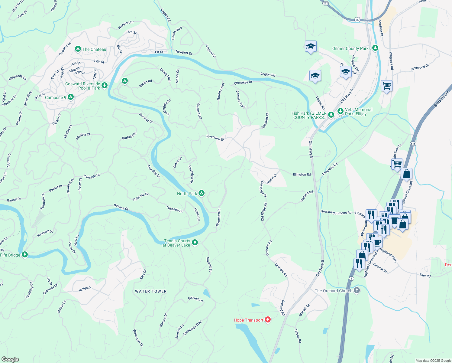 map of restaurants, bars, coffee shops, grocery stores, and more near 596 Riverview Drive in Ellijay