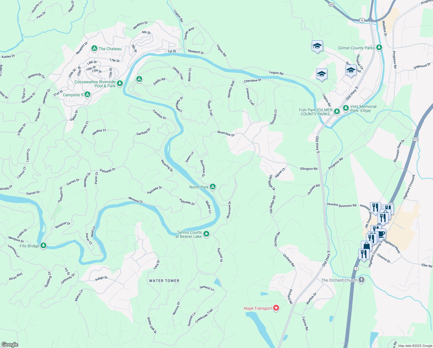 map of restaurants, bars, coffee shops, grocery stores, and more near 127 Forest Court in Ellijay