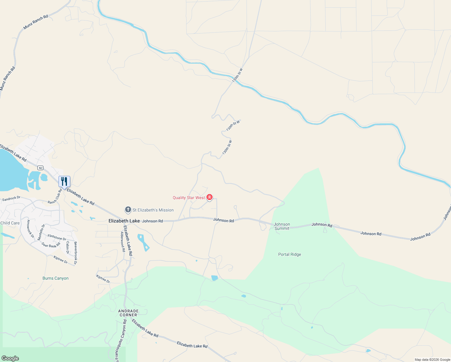 map of restaurants, bars, coffee shops, grocery stores, and more near 44032 130th Street West in Lake Hughes