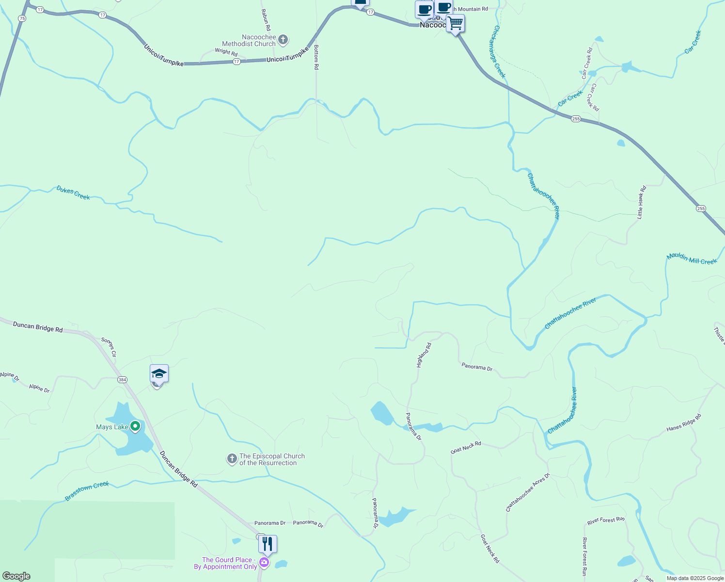 map of restaurants, bars, coffee shops, grocery stores, and more near 1077 Highland Road in Sautee Nacoochee