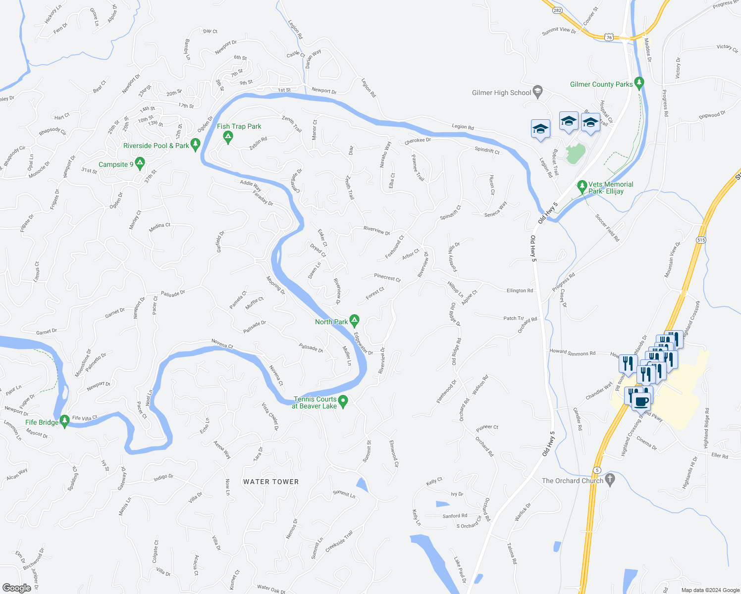 map of restaurants, bars, coffee shops, grocery stores, and more near 127 Forest Court in Ellijay