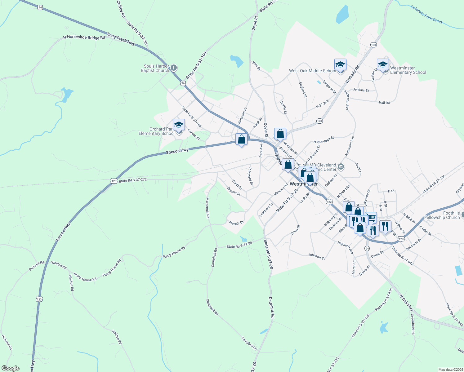map of restaurants, bars, coffee shops, grocery stores, and more near 215 Bryson Street in Westminster