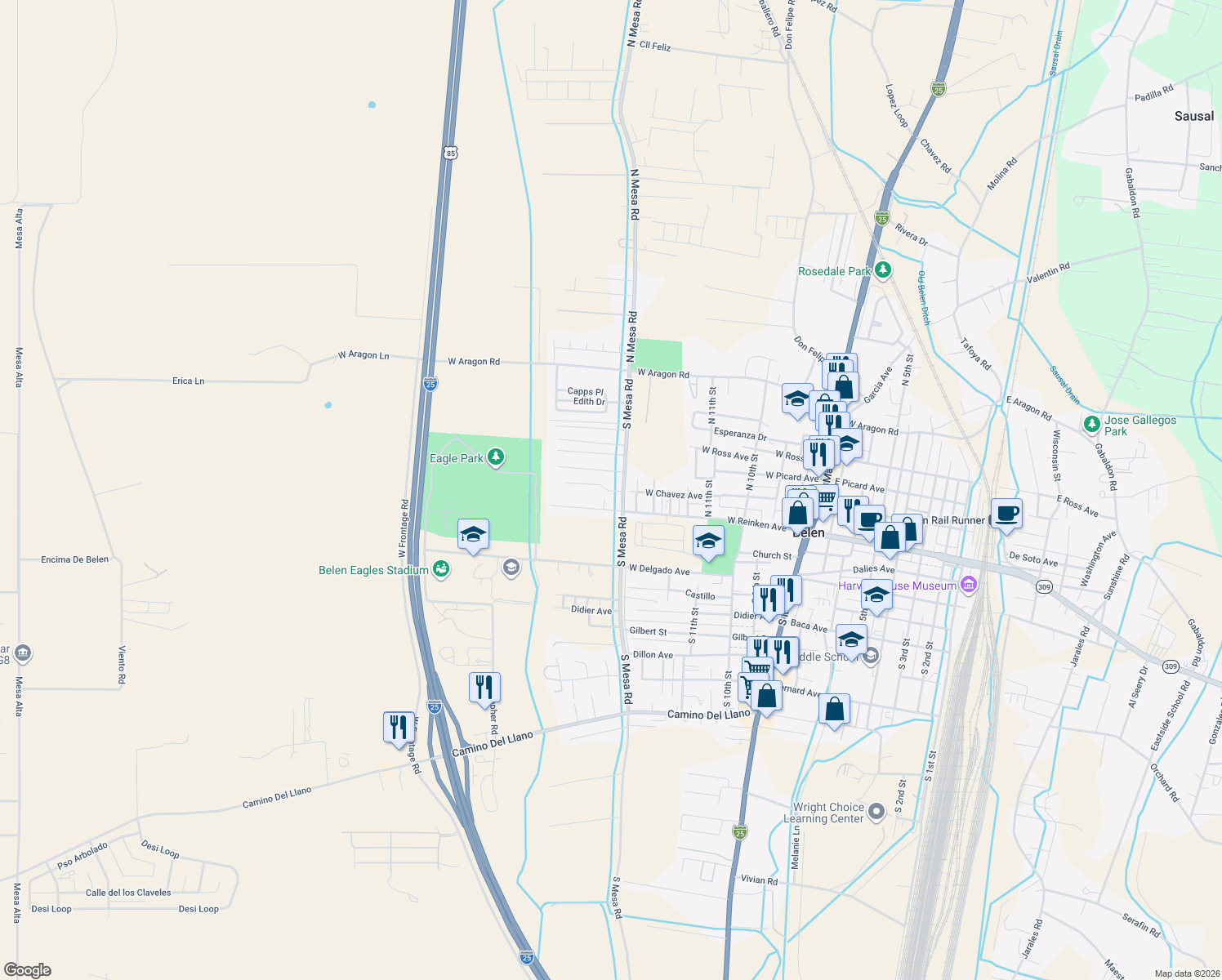 map of restaurants, bars, coffee shops, grocery stores, and more near 1602 Michael Don Avenue in Belen