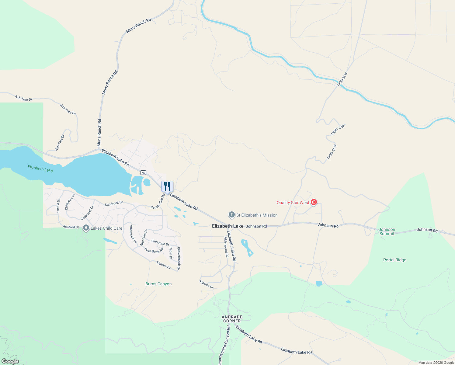 map of restaurants, bars, coffee shops, grocery stores, and more near 13845 Johnson Road in Lake Hughes