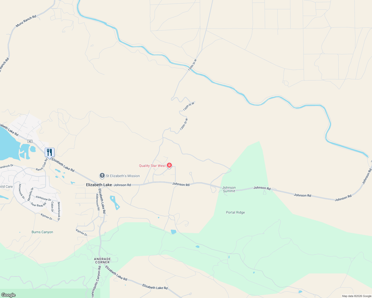 map of restaurants, bars, coffee shops, grocery stores, and more near in Elizabeth Lake