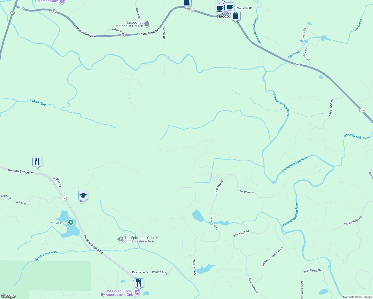 map of restaurants, bars, coffee shops, grocery stores, and more near 1077 Highland Road in Sautee Nacoochee
