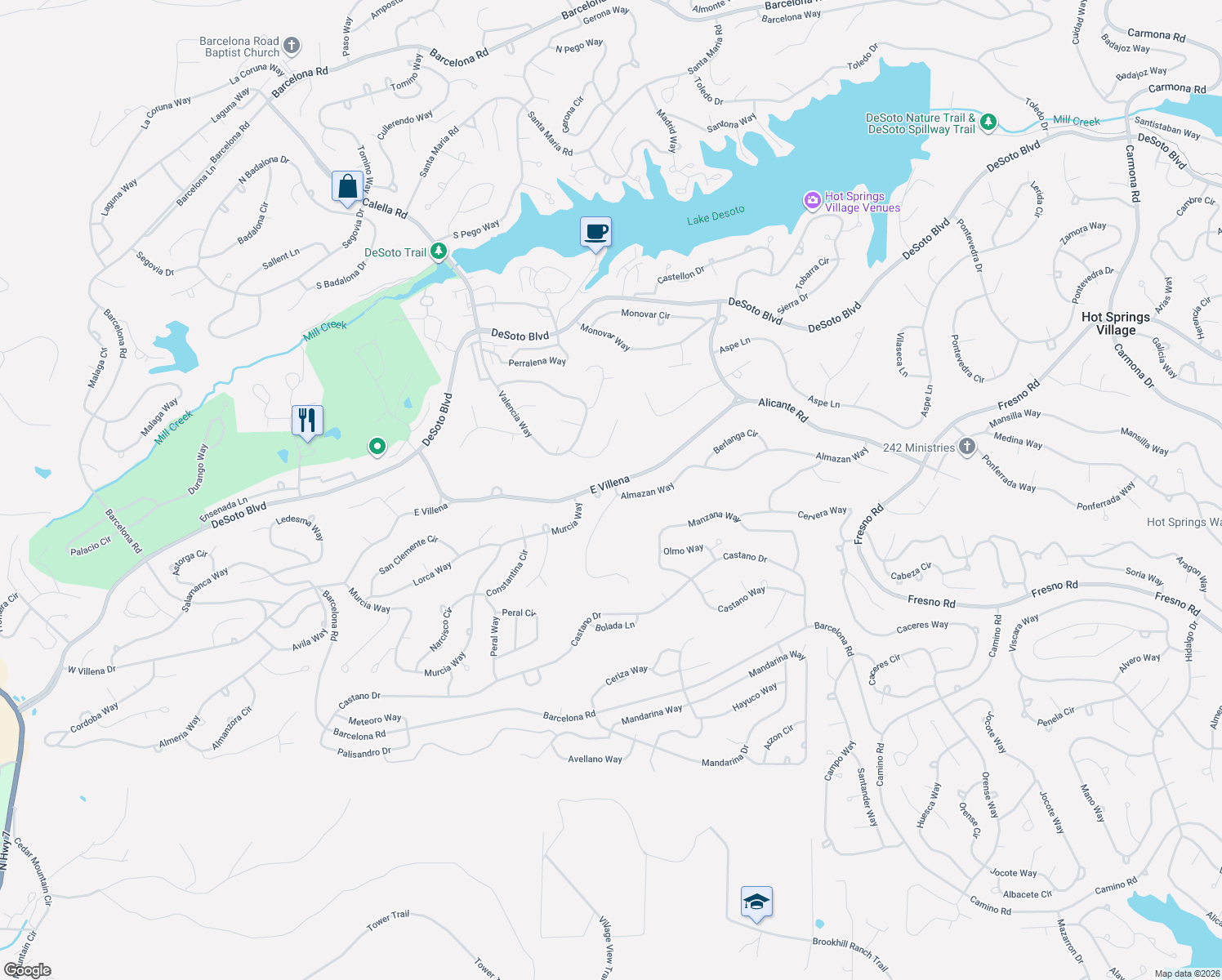 map of restaurants, bars, coffee shops, grocery stores, and more near 125 East Villena in Hot Springs