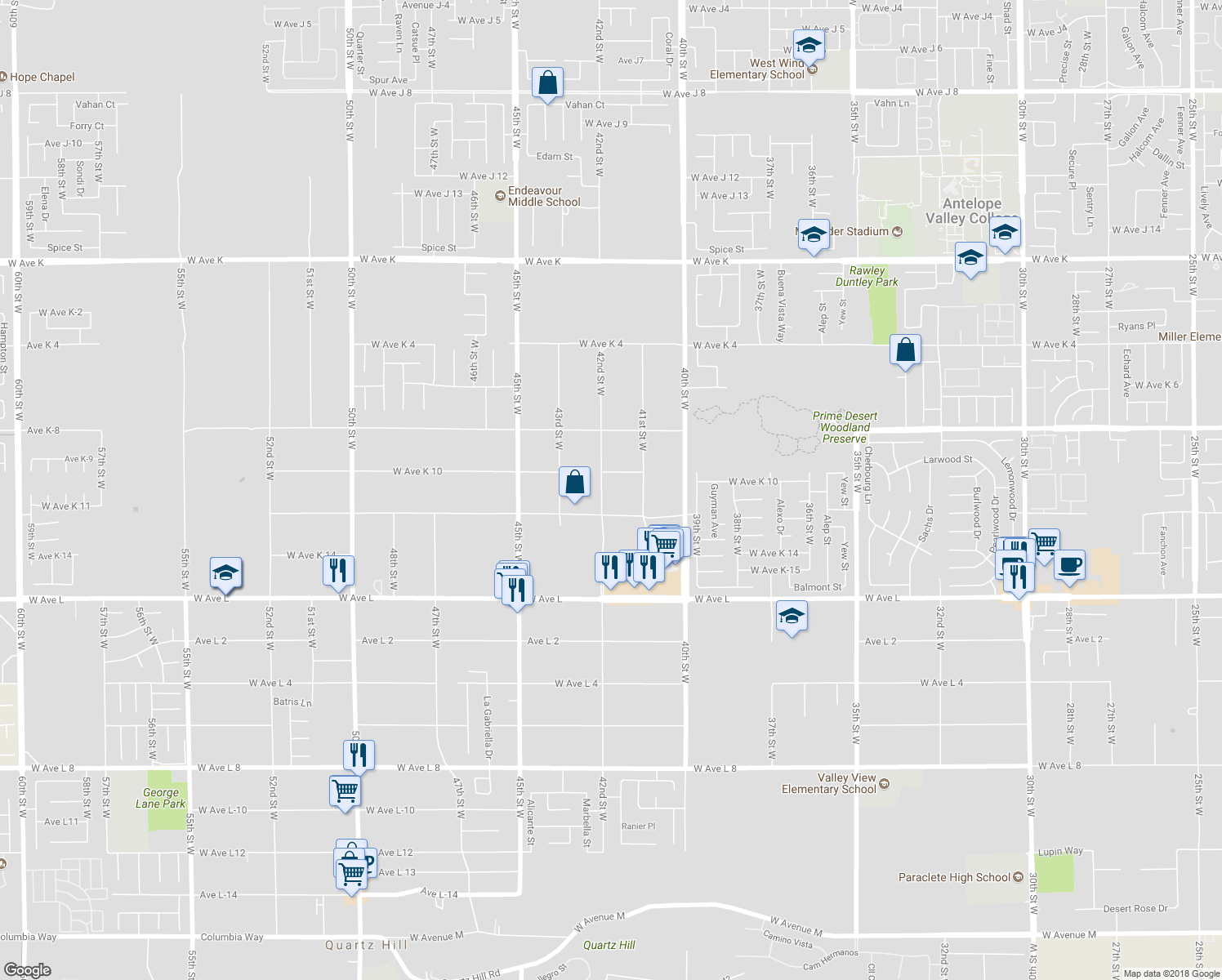 map of restaurants, bars, coffee shops, grocery stores, and more near 43036 42nd Street West in Quartz Hill