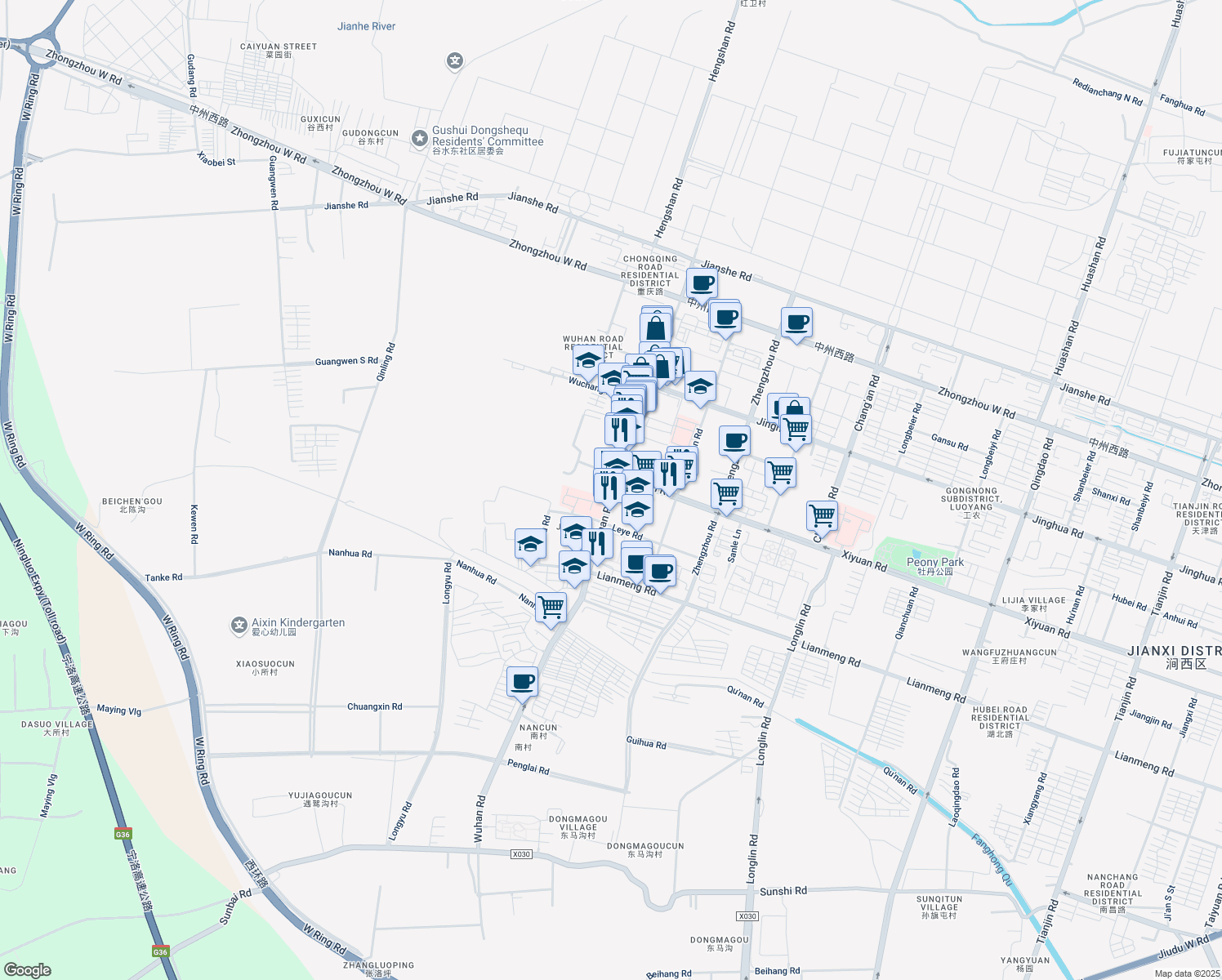 map of restaurants, bars, coffee shops, grocery stores, and more near 170 Wuhan Road in Luoyang Shi