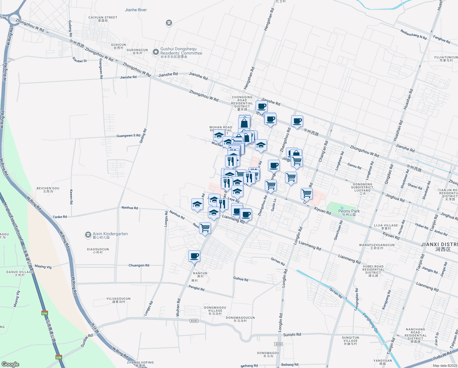 map of restaurants, bars, coffee shops, grocery stores, and more near 170 Wuhan Road in Luoyang Shi