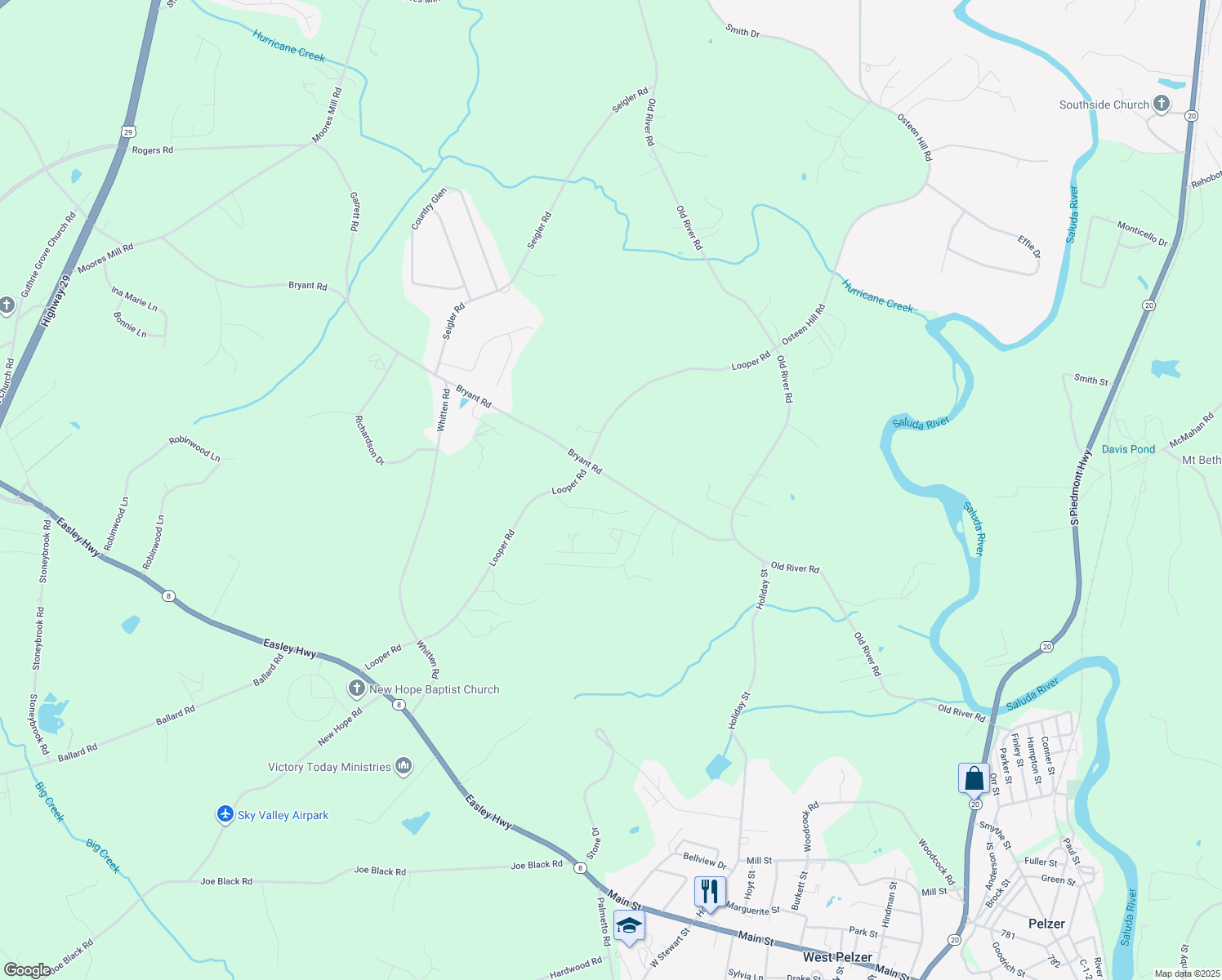 map of restaurants, bars, coffee shops, grocery stores, and more near 229 Bryant Rd in Pelzer