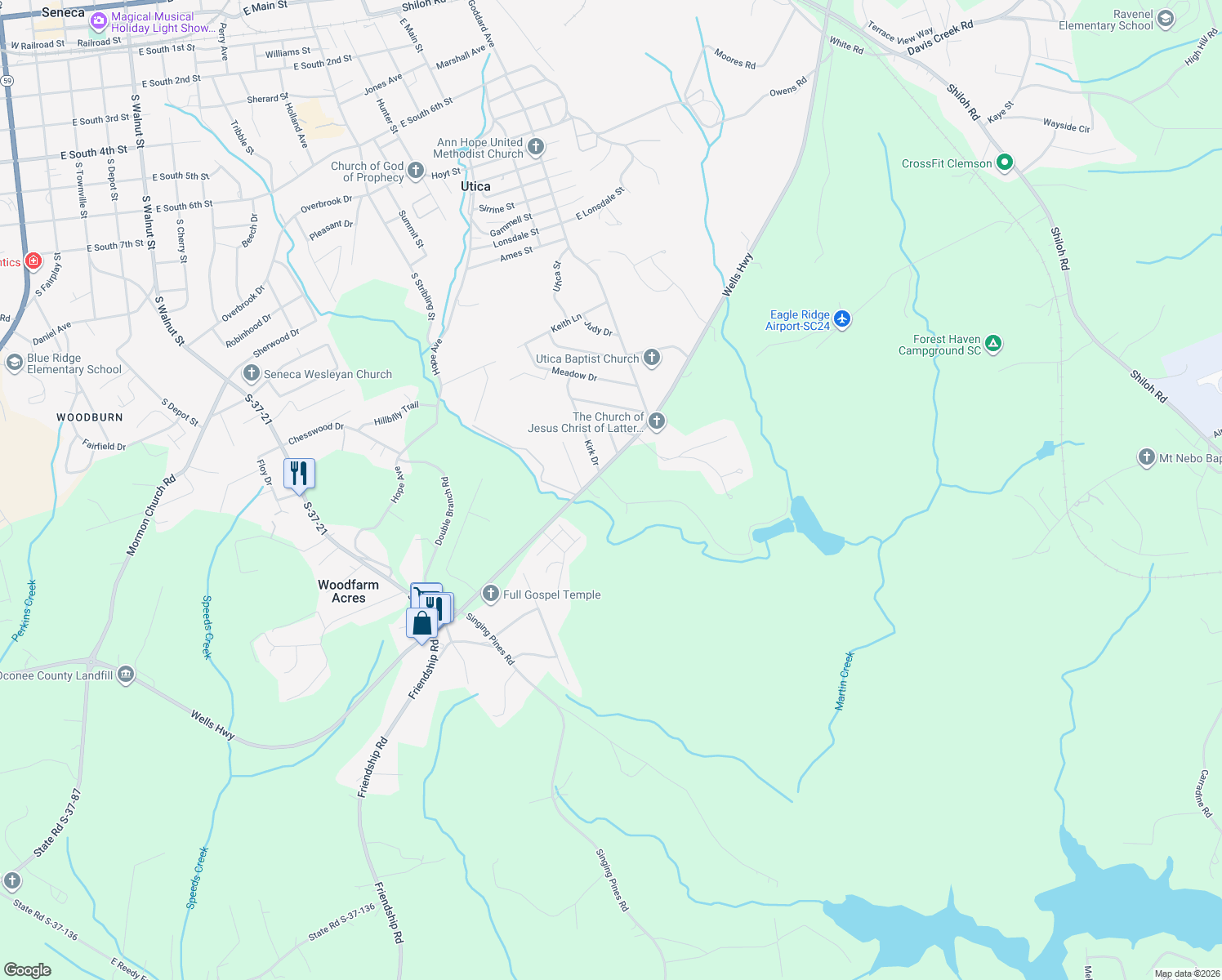 map of restaurants, bars, coffee shops, grocery stores, and more near 1030 Ridgeview Ln in Seneca