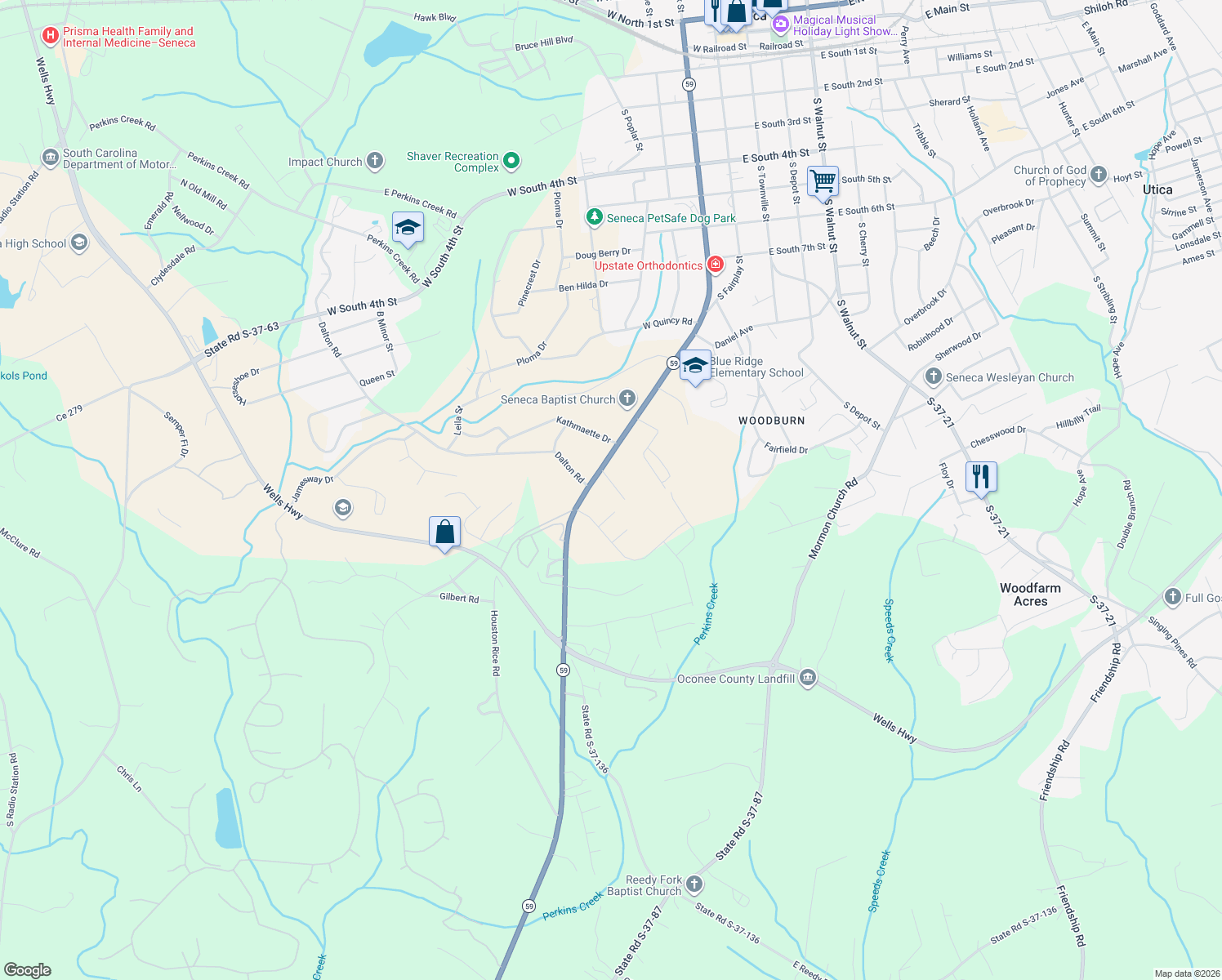 map of restaurants, bars, coffee shops, grocery stores, and more near 610 Blakely Street in Seneca