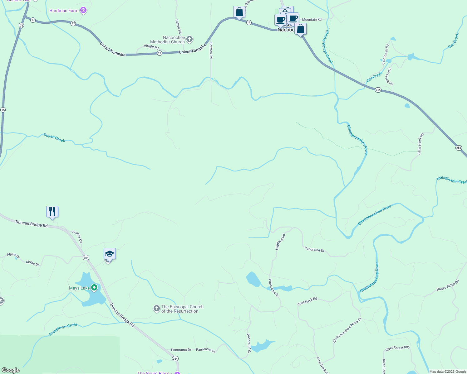 map of restaurants, bars, coffee shops, grocery stores, and more near 1096 Highland Road in Sautee Nacoochee