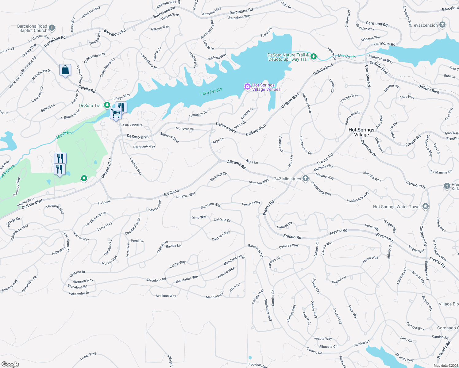 map of restaurants, bars, coffee shops, grocery stores, and more near 60 Almazan Way in Hot Springs Village