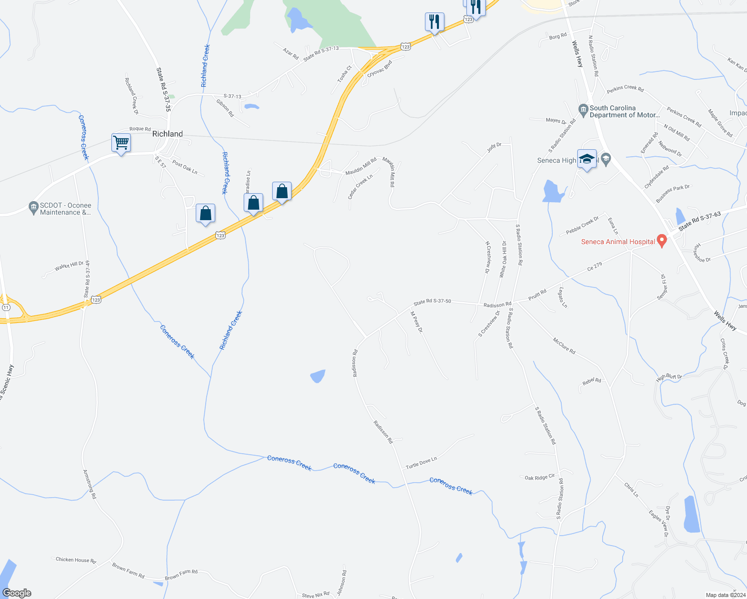 map of restaurants, bars, coffee shops, grocery stores, and more near 174 Radisson Road in Seneca