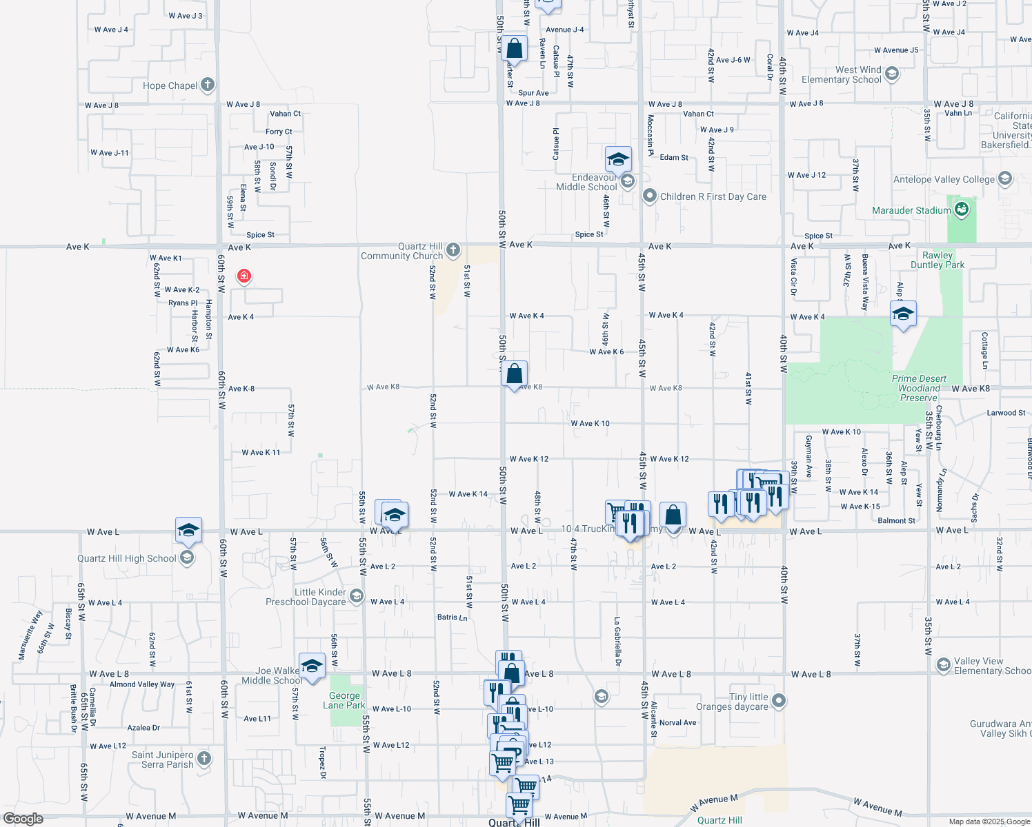 map of restaurants, bars, coffee shops, grocery stores, and more near 4833 West Avenue K 10 in Lancaster