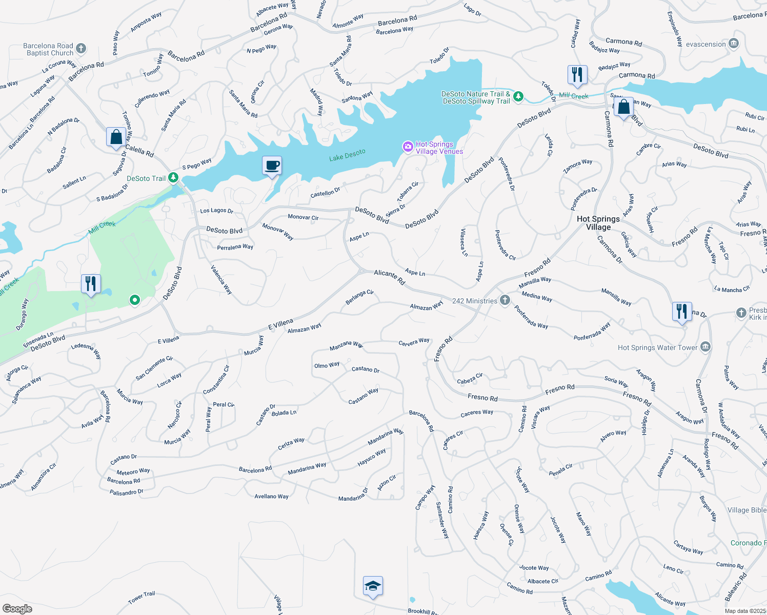map of restaurants, bars, coffee shops, grocery stores, and more near 63 Almazan Way in Hot Springs