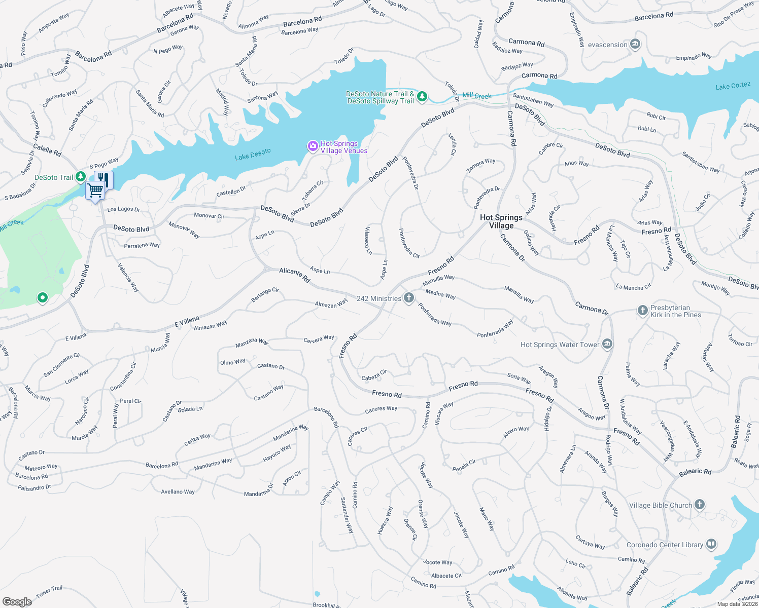 map of restaurants, bars, coffee shops, grocery stores, and more near 50 Alicante Road in Hot Springs