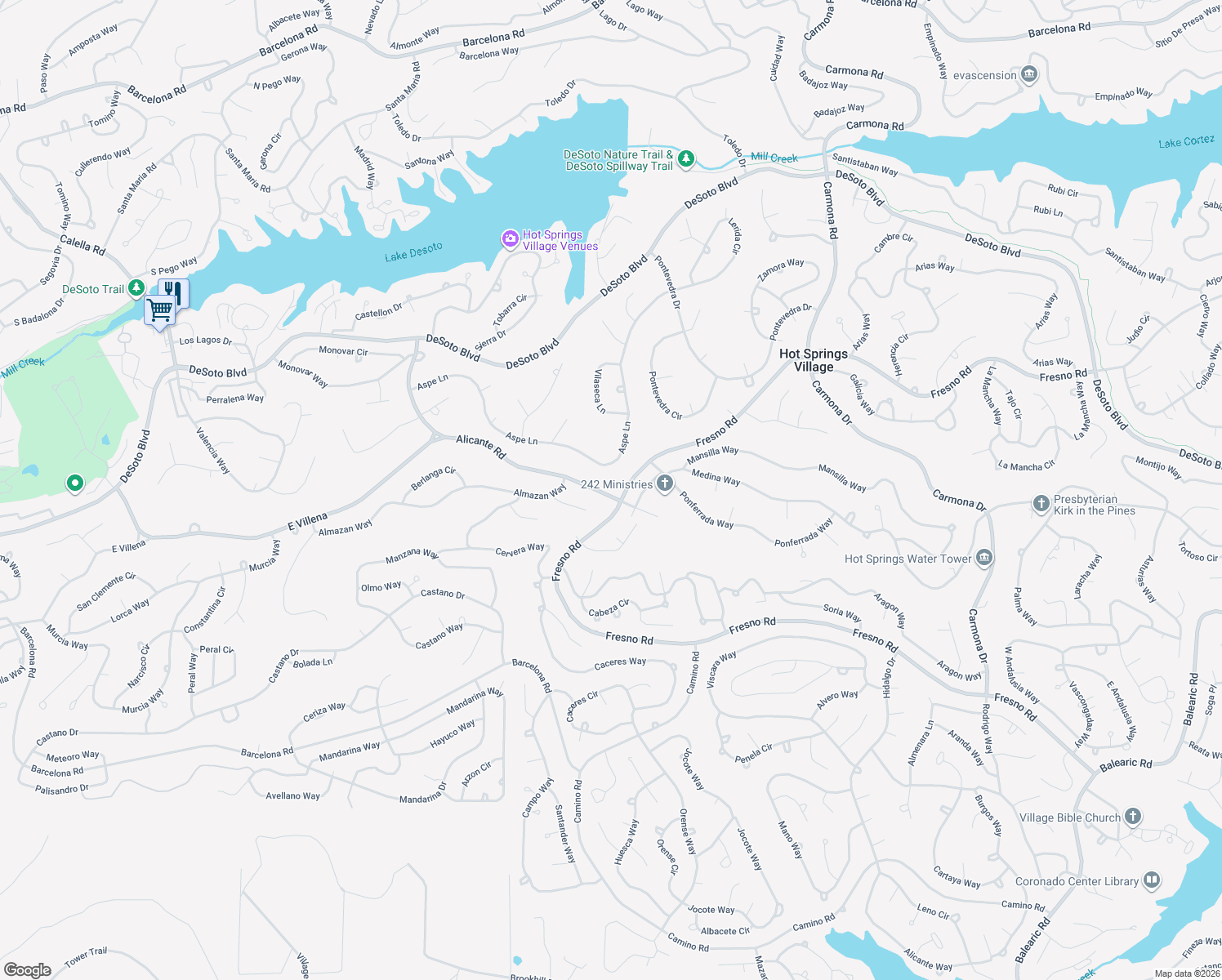 map of restaurants, bars, coffee shops, grocery stores, and more near 50 Alicante Road in Hot Springs