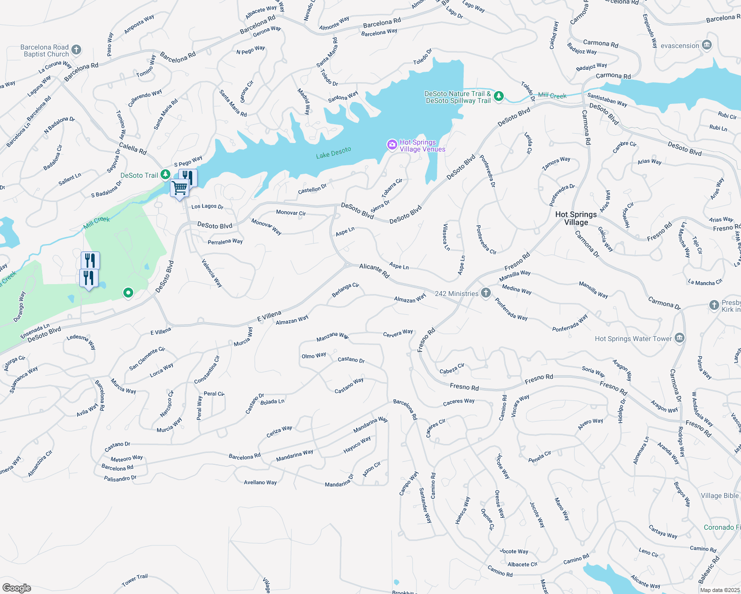 map of restaurants, bars, coffee shops, grocery stores, and more near 63 Almazan Way in Hot Springs