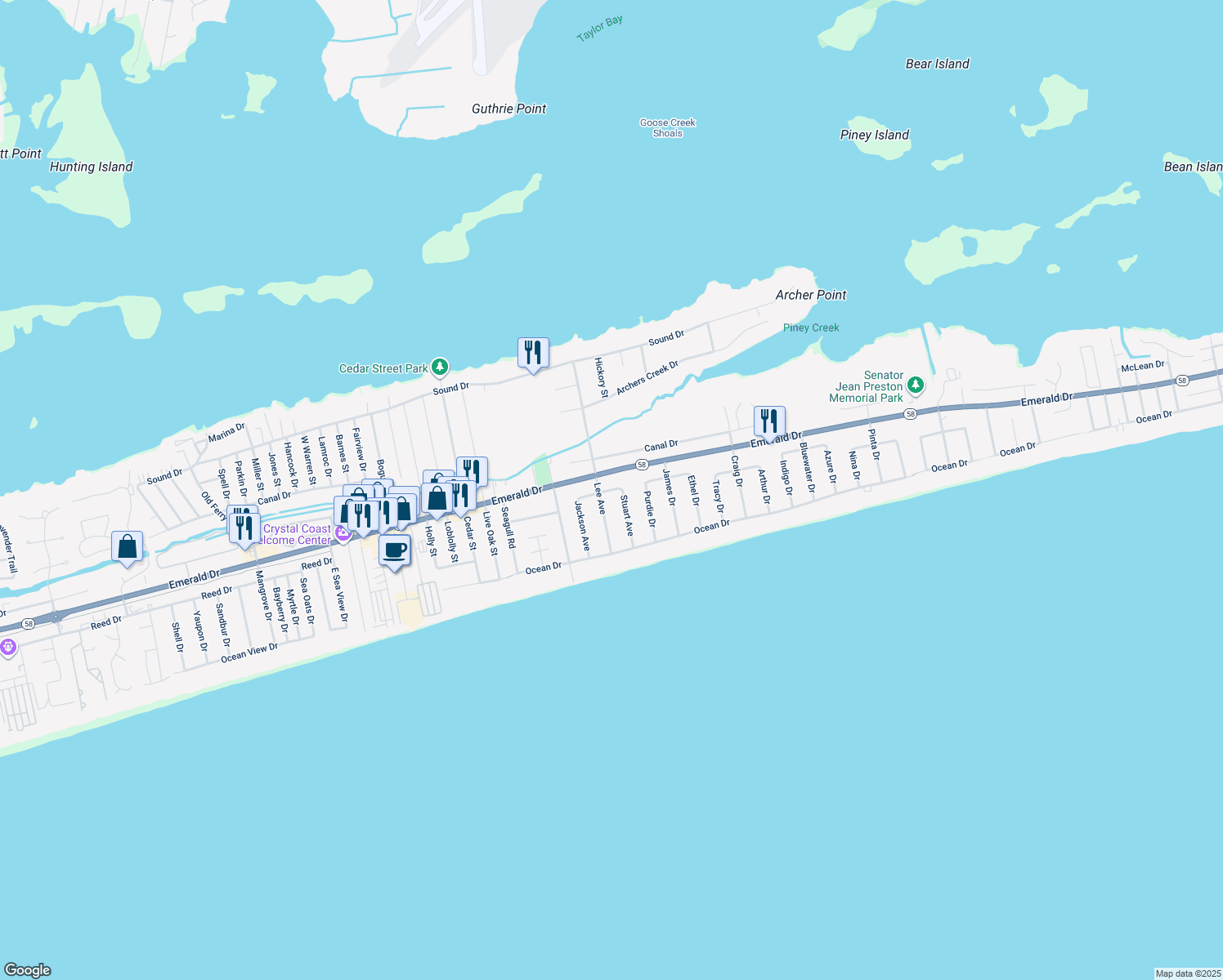 map of restaurants, bars, coffee shops, grocery stores, and more near 114 Stuart Ave in Emerald Isle