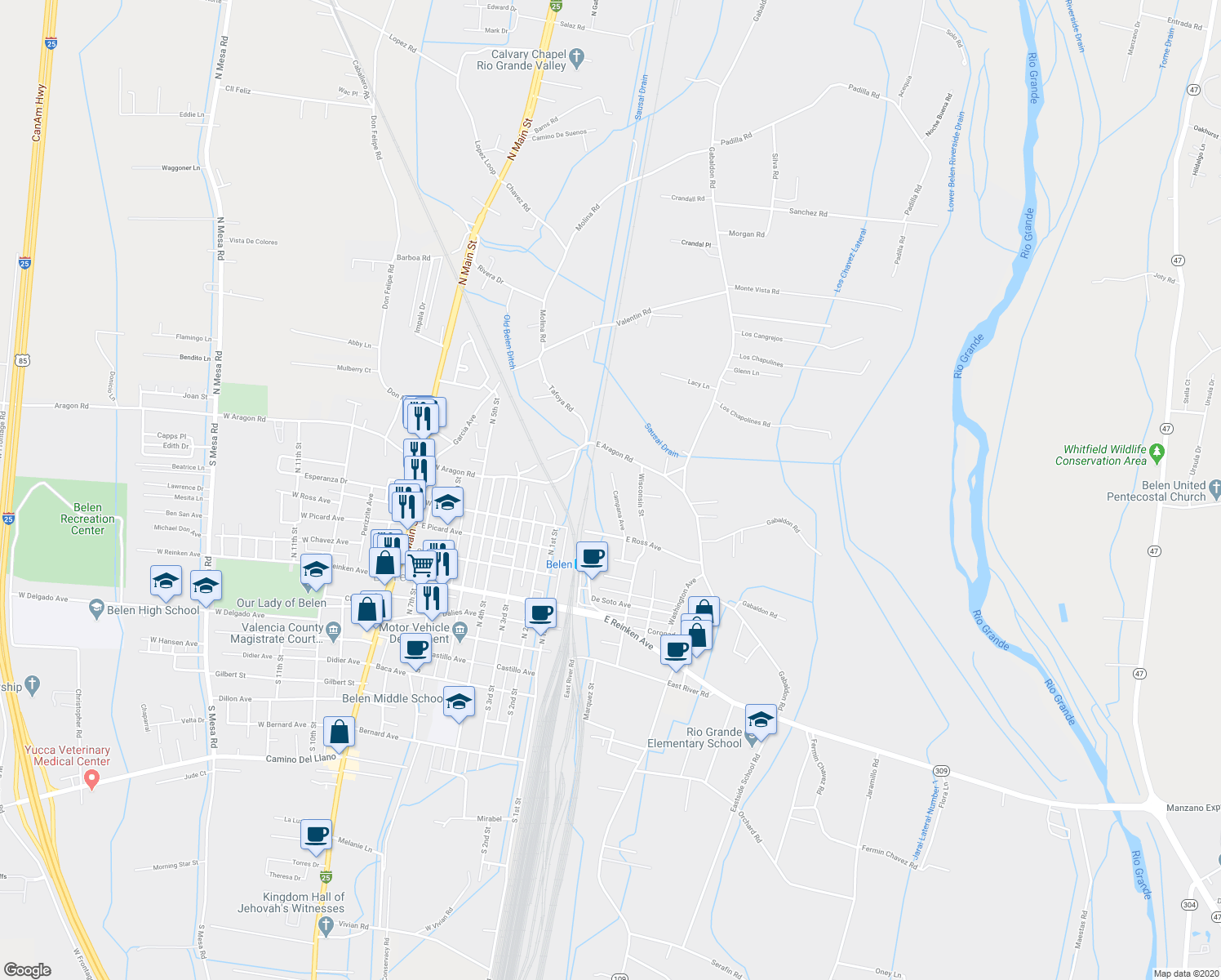 map of restaurants, bars, coffee shops, grocery stores, and more near 621 Campana Avenue in Belen