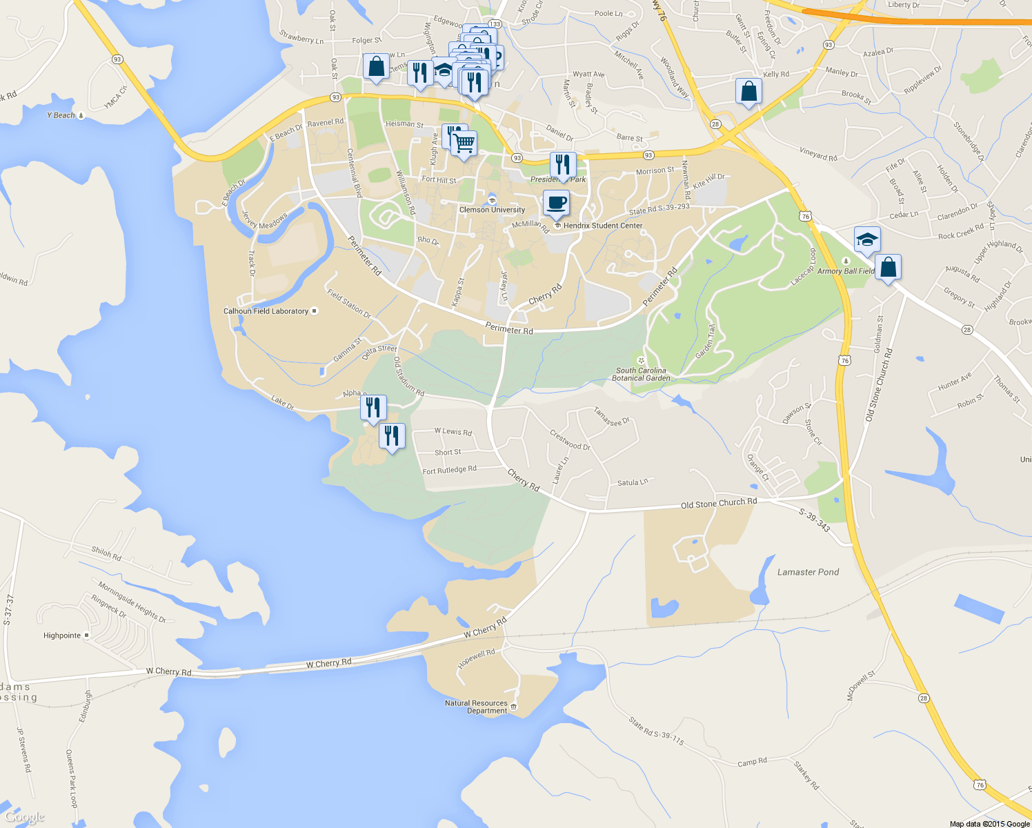 map of restaurants, bars, coffee shops, grocery stores, and more near 98 Crestwood Drive in Clemson
