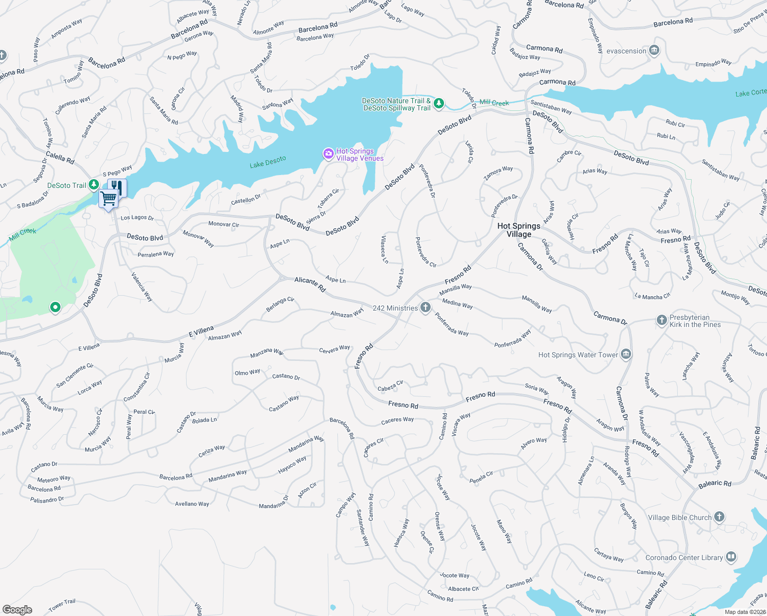 map of restaurants, bars, coffee shops, grocery stores, and more near 42 Alicante Road in Hot Springs