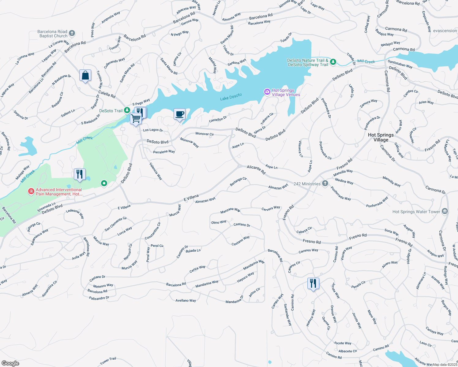 map of restaurants, bars, coffee shops, grocery stores, and more near 8 Berlanga Circle in Hot Springs