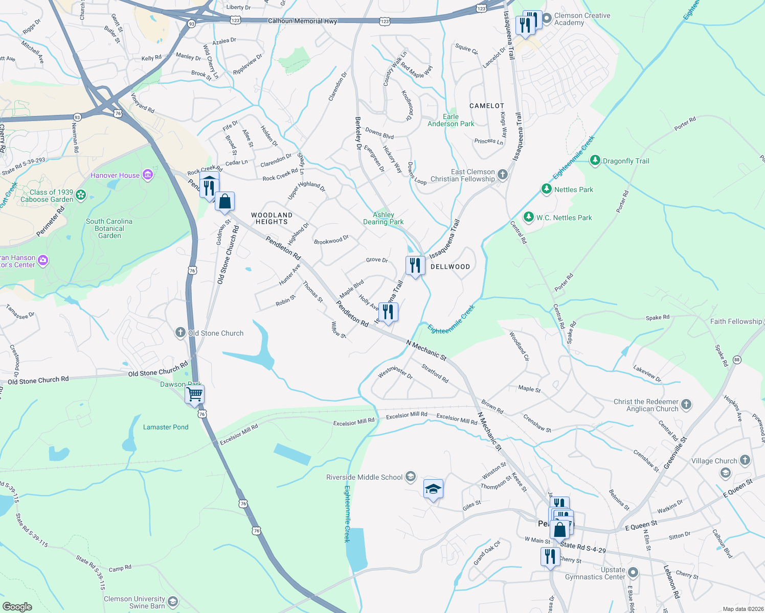 map of restaurants, bars, coffee shops, grocery stores, and more near 224 Holly Avenue in Clemson