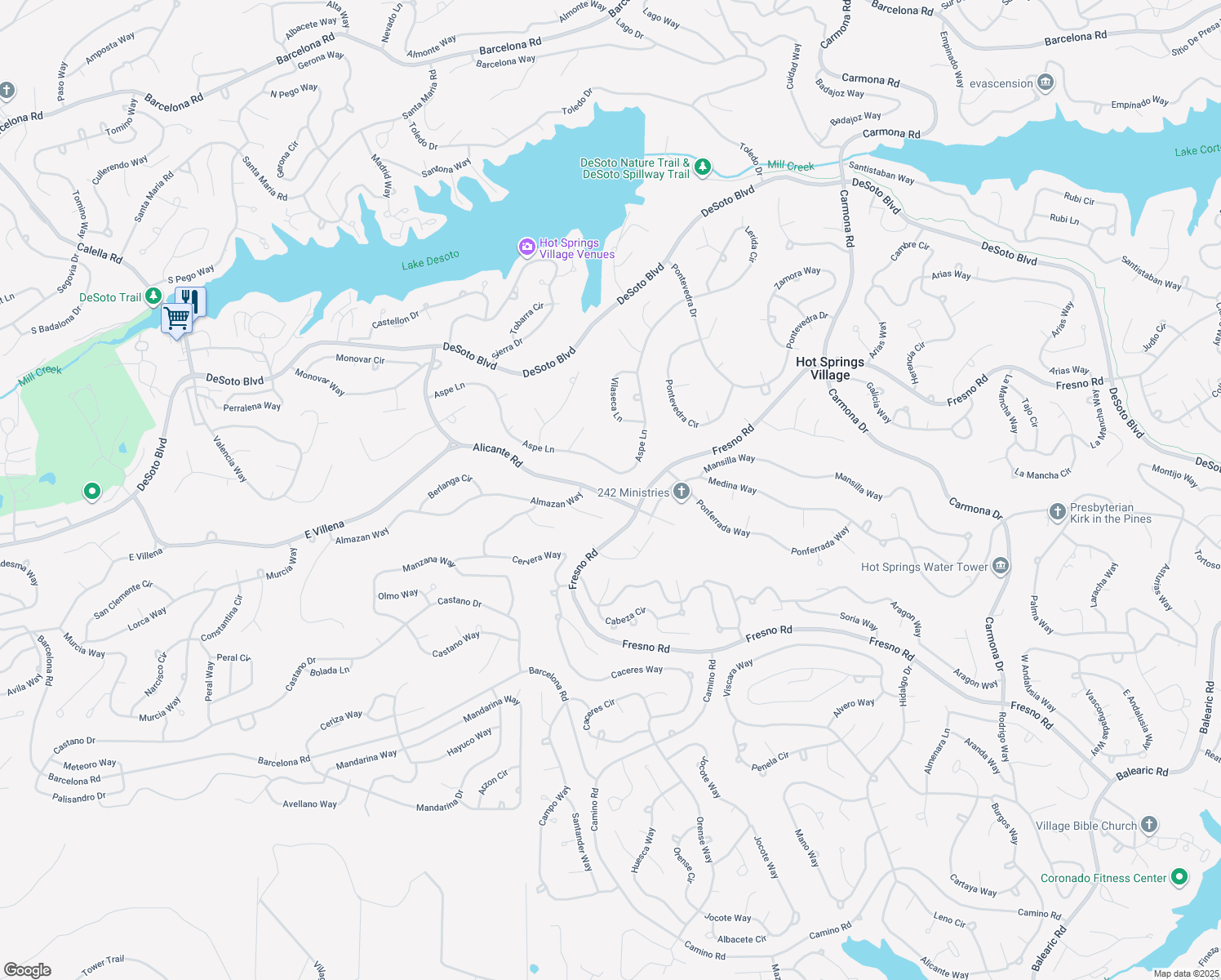 map of restaurants, bars, coffee shops, grocery stores, and more near 42 Alicante Road in Hot Springs