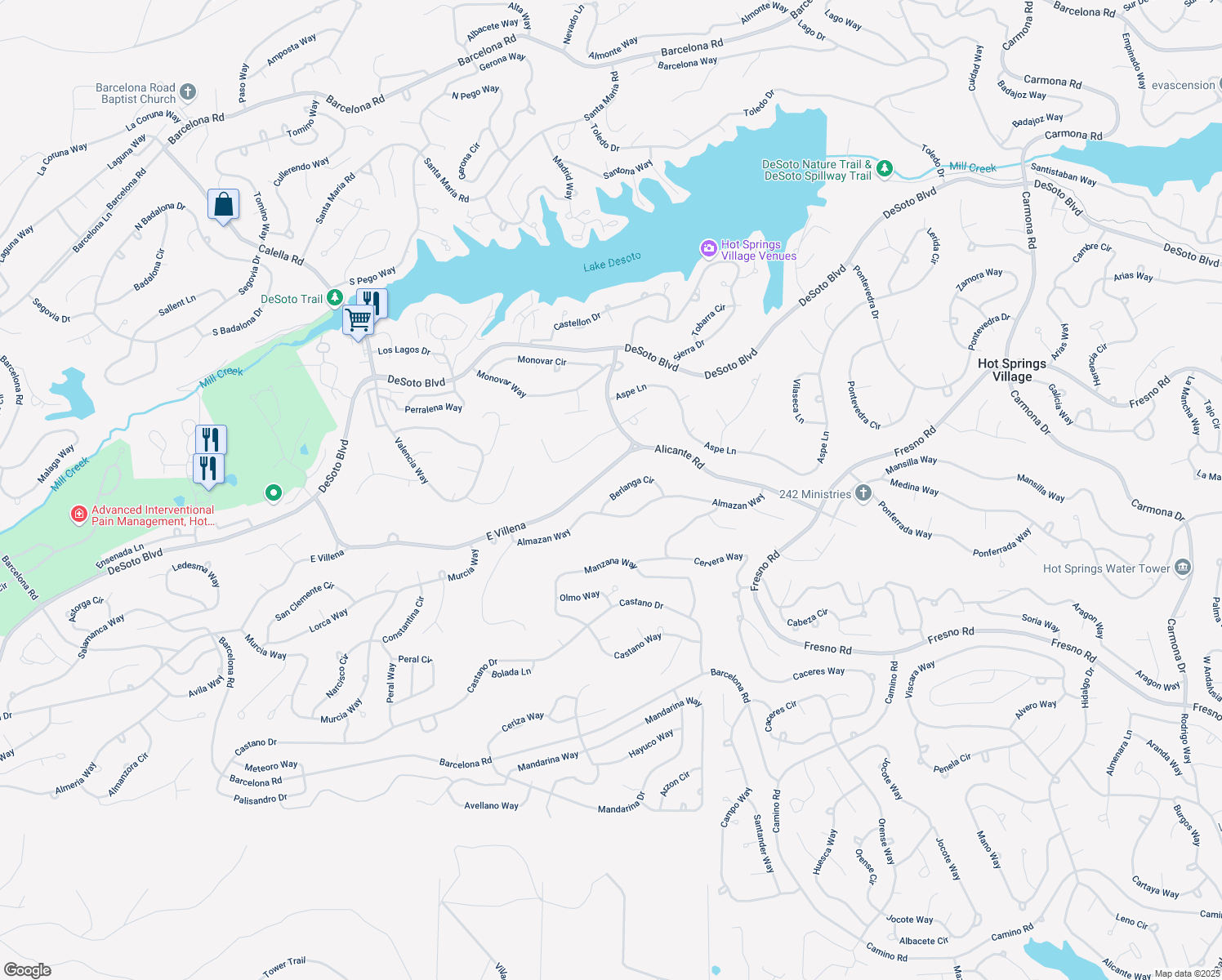 map of restaurants, bars, coffee shops, grocery stores, and more near 8 Berlanga Circle in Hot Springs
